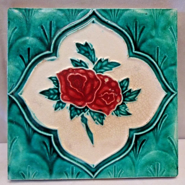 Vintage Tile Rose Green Majolica Art Nouveau Made In India Ceramic Porcelain#247