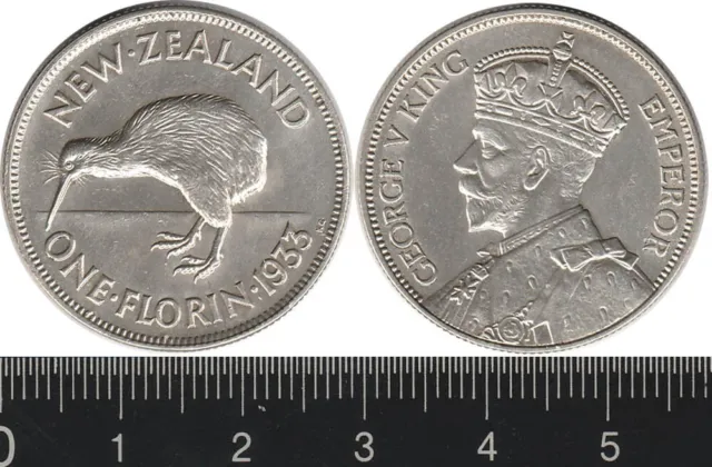 New Zealand: 1933 One Florin KGV silver Two Shillings 2/- UNC, cat $100
