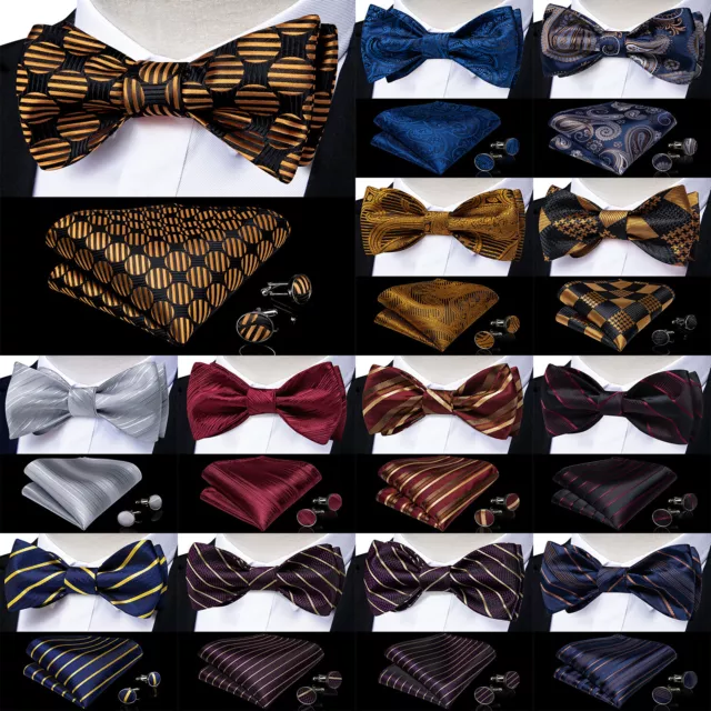 Mens Adjustable Bow Ties Self Blue Paisley Floral Vintage Silk Hanky Cuffs Set
