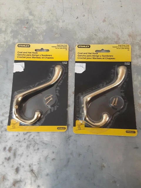 Stanley COAT and HAT HOOK Lot (2) Bright Brass Finish Room Closet Hanger