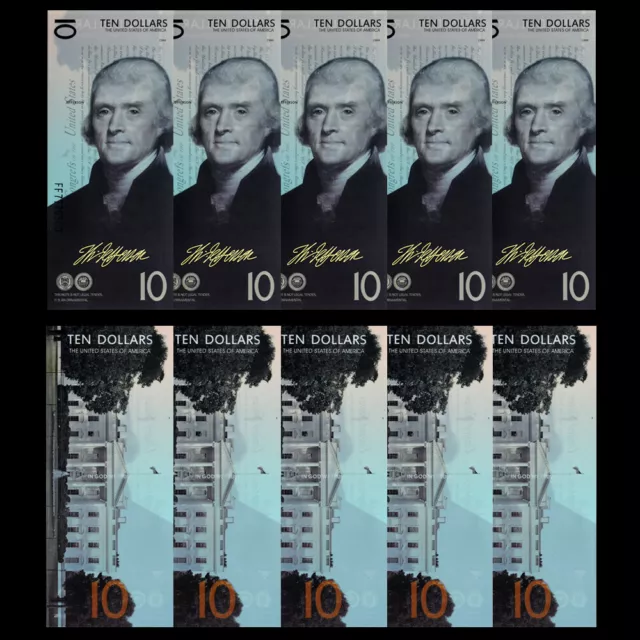 10pcs US President Thomas Jefferson 10 Dollars Billet Banknotes with UV Security