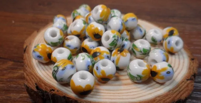 50Pcs Floral Porcelain Beads Big Hole Ceramic Bead Handmade Jewelry Making Charm