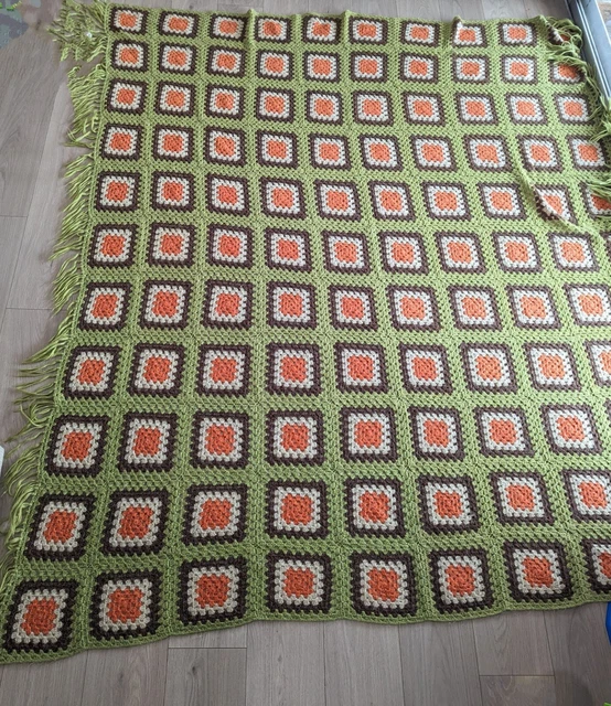 Vintage Handmade Granny Squares Crochet Afghan Throw Blanket 78x90 Green Orange