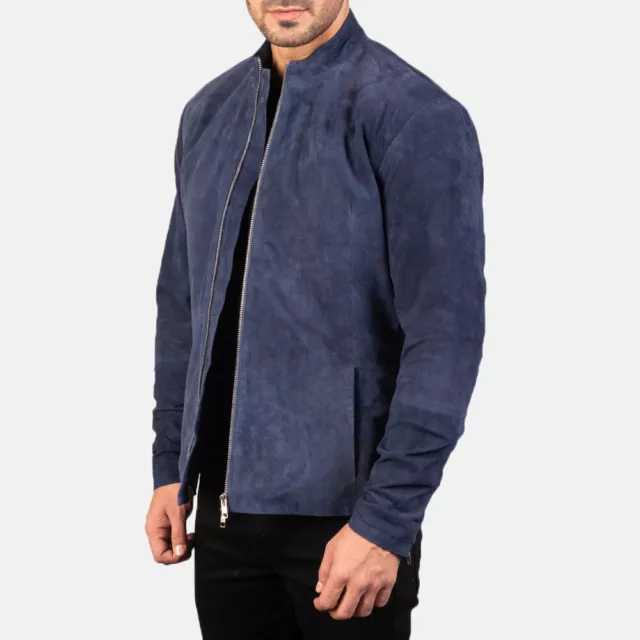 Chaqueta de Cuero de Gamuza Azul Marino para Hombre Motociclista Chaqueta de Piel de Cordero Real 235