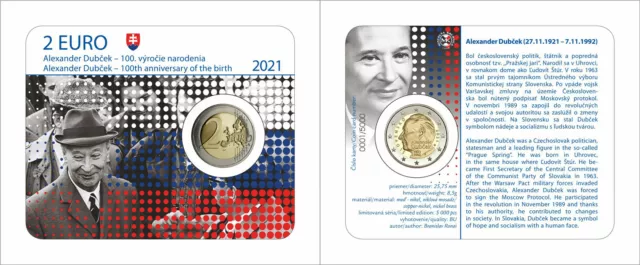 Original Coincard 2 Euro Slowakei 2021 100. Geburtstag von Alexander Dubček