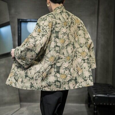 Japanese Men Kimono Cardigans Linen Coat Jacket Outwear Haori Retro Flower Tops