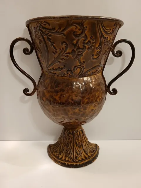 Mediterranean Metal Wall Urn Half-Vase Iron Scroll Design Brown/Black Grannycore