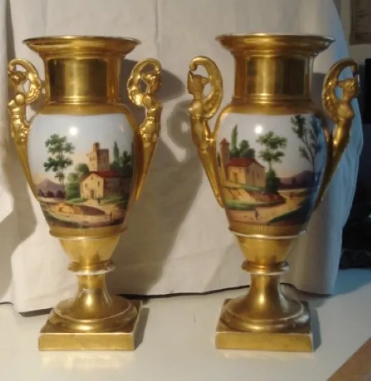 Ancienne Paire De Vases Empire Porcelaine Peinte Main 2