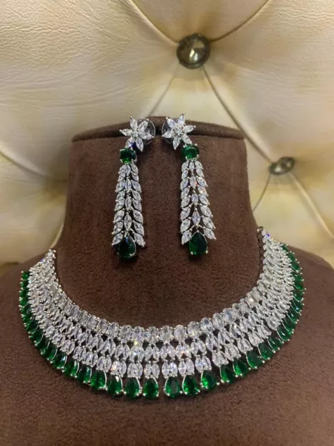 Indien Bollywood Style Plaqué Argent Collier Ras Du Cou Boucles Vert Bijoux Set 2