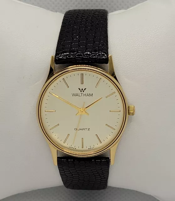 Mens Waltham Classic Round Gold Tone Day Date Black Leather Strap Watch L2