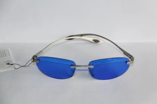Farb Brille Sonnenbrille  Gläser Blau Rahmenlos Bügel Silberfarben Aus  Metall