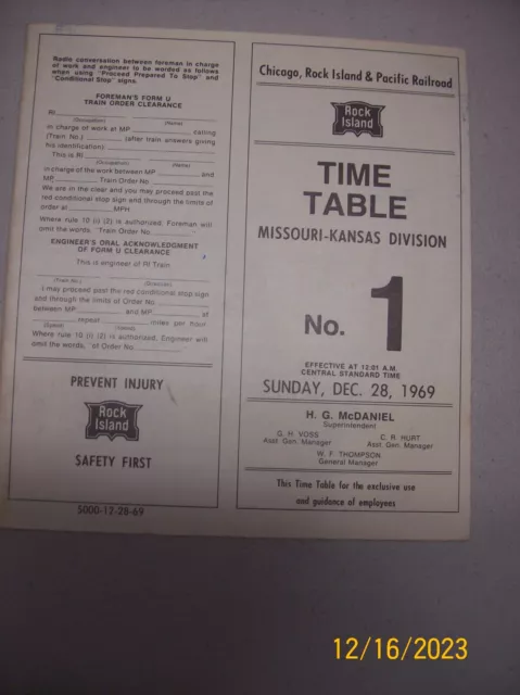 Rock Island Railroad Missouri-Kansas Division Employee Timetable Dec. 1969