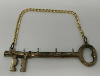 Vintage Solid Brass Skeleton Key Shaped Wall Hanging Holder 3 Hooks