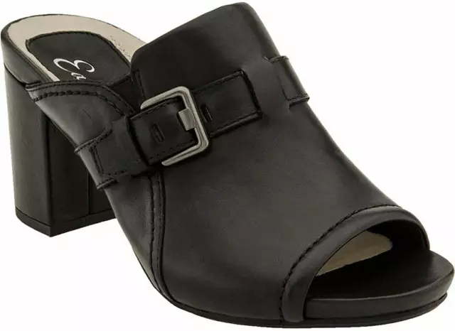 EARTHIES TREVI Black Leather Block Heel Mule Slide Peep toe Contour comfort Shoe 2