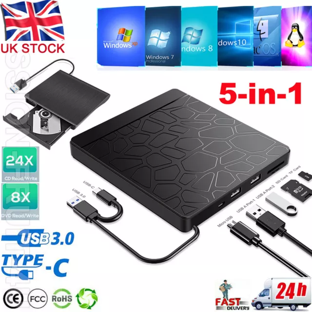 Slim External USB 3.0 DVD CD RW Writer Drive Burner Reader Player For Laptop &PC