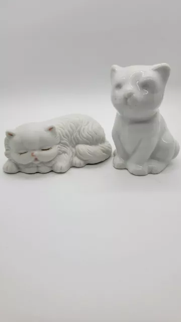 Vtg Ceramic Sleeping Cat And Porcelain Cat Small Figurines Kitty Kat