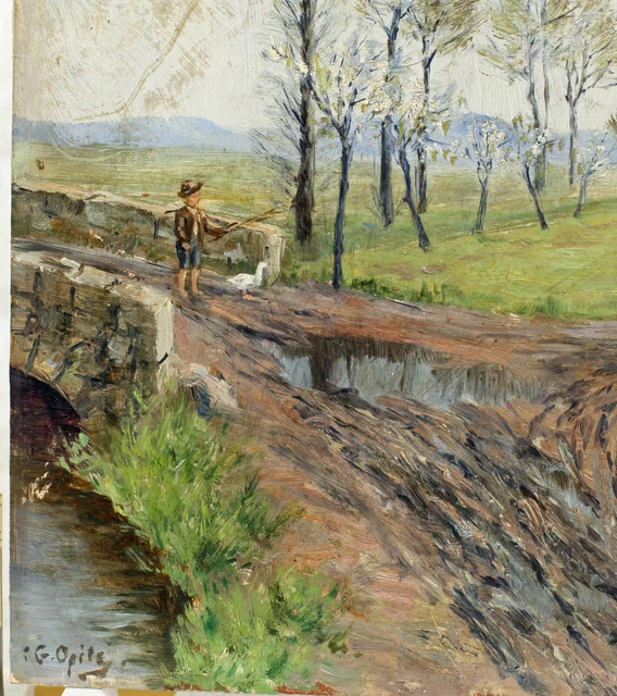 Opitz Pintura Al Óleo Antiguo Ganso Gänsejunge Paisaje Puente Painting Goose