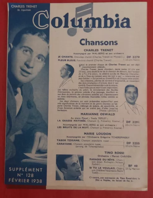 Programme COLUMBIA Supplément n°128 Février 1938 Trénet, Joséphine Baker..  *