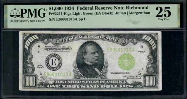 CC&C $1,000 1934 - RICHMOND Federal Reserve Note LGS LIGHT GREEN SEAL - PMG 25