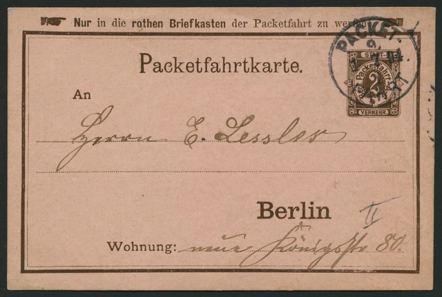 BERLIN B P BRIEF, PACKETFAHRT GESELLSCHAFT: 1894, 2 Pf. braun Ganzsachen-Bedarfs