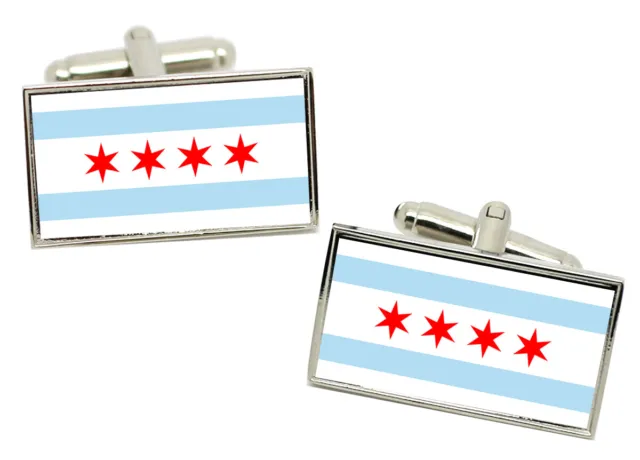 Chicago IL (USA) Flag Cufflinks in Chrome Gift box