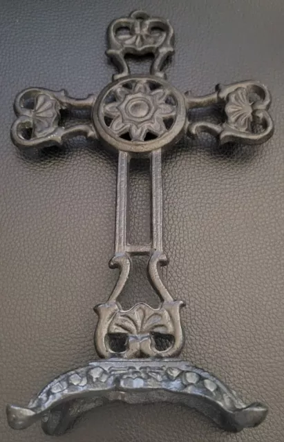 Vintage Ornate Cast Iron Tabletop Cross With Stand 10.25"H 4"x3" Base