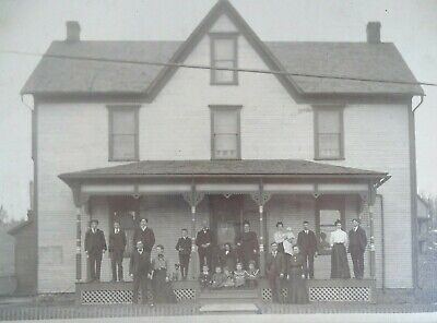 Antique Multi Generation Family Photograph Front Porch of House 12x9