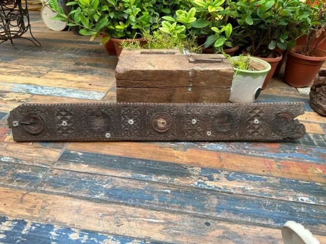 1700' Old Ancient Wooden Hand Carved Dark Floral Carved Mirror Door Wall Panel