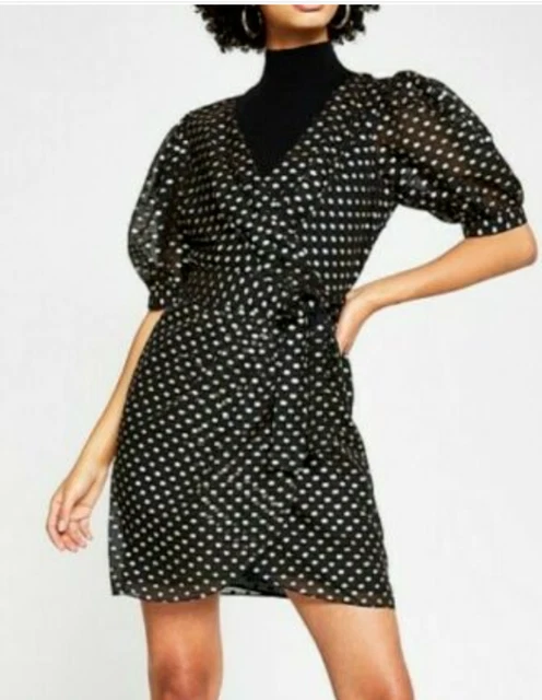 River Island Womens Lurex Gold Spot Wrap Mini Dress Black Sz UK 10 rrp £45