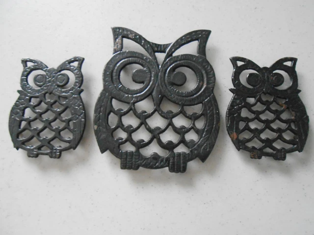 Vintage Owl Trivets Set of 3 Cast Iron Black Coasters Wall Decor 1970s Taiwan