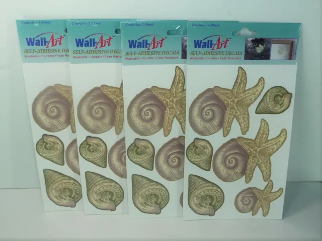 Wall Art Self Adhesive Decals Sea Shells Washable Fade Resistant New Lot of 4