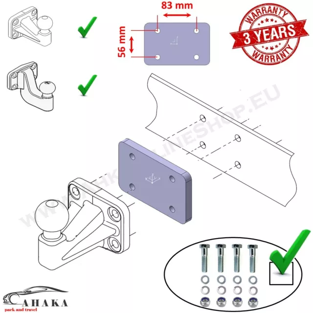 Towbar Tow Ball Spacer Block Plate - 12 mm 1/2” - 4 hole 83x56 mm + Bolts