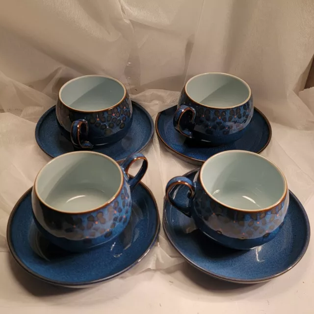 Set of 4 DENBY England MIDNIGHT BLUE Tea Cup & Saucer STONEWARE GORGEOUS!