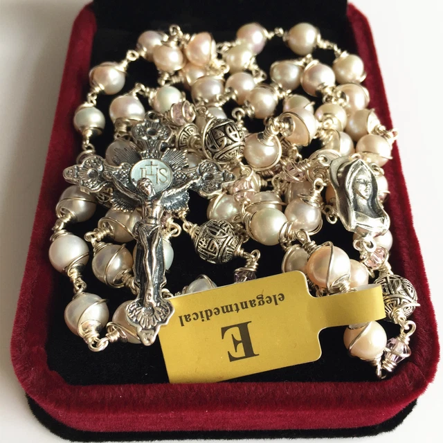Bali 925 Sterling Silver Beads & AAA White Pearl Rosary NECKLACE Cross CATHOLIC