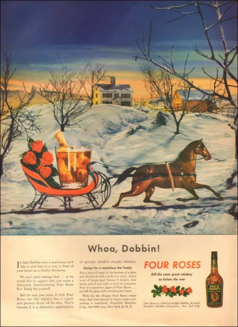 1940's Vintage ad for FOUR ROSES retro Art Snow House Horse    04/08/22