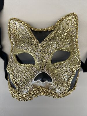 Venetian Mask Cat Made In Italy; Paper Mache Carnival; Gold Glitter on black