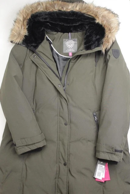 Vince Camuto Womens Hooded Faux-Fur-Trim Down Parka Coat Small Green DOWN