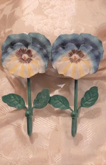 Vintage * 2 Pansy Decorative Wall Hooks * Resin * Metal * Beautiful Spring Flora