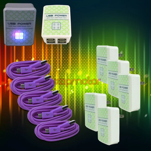 5X 4 Usb Port Hub Wall Adapter+6Ft Cable Power Charger Purple Galaxy Note Nexus