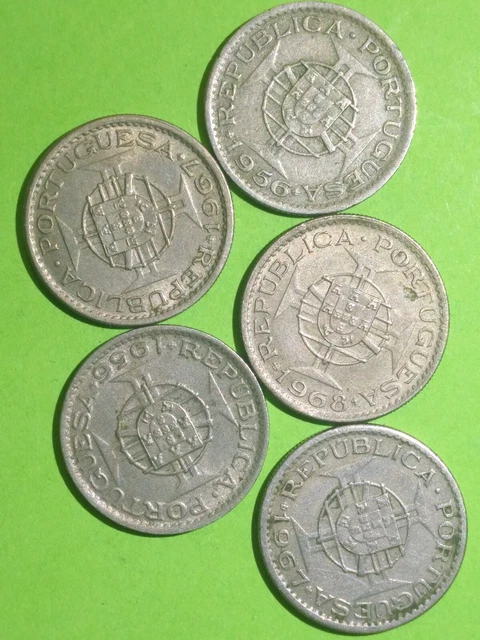 Lot of 5 Coins of ANGOLA 2 1/2 Escudos Y-1956(2), 1967(2), & 1968 XF/AU. #620