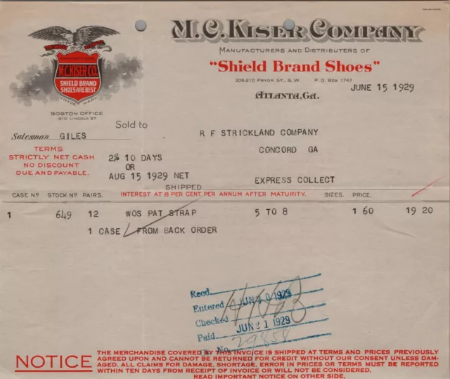 1929 BILLHEAD M. C. Kiser Company 