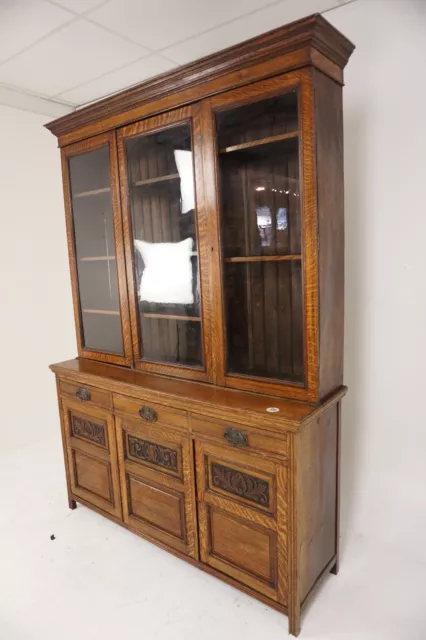 Ant. Victorian Carved Tiger Oak Cabinet Bookcase, Display, Scotland 1900, H750 2