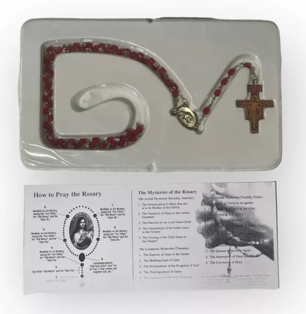 De colección 1970 Rosario Cuentas Rojas y Cómo Rezar Rosario, Misterios del Rosario NUEVO