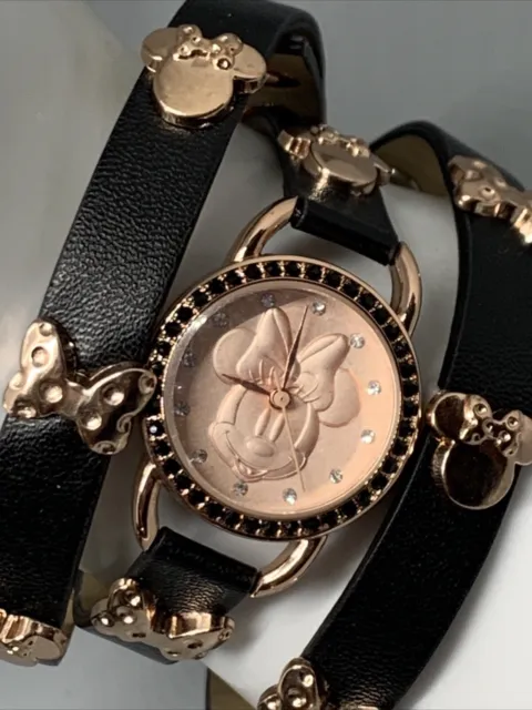 Disney Minnie Mouse Wrap Bracelet Watch Accutime Rose Gold Leather New Works