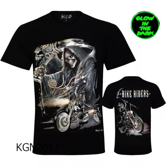 New Men Grim Reaper Ghost Biker Scythe Glow In Dark  Both Side Print T-Shirt