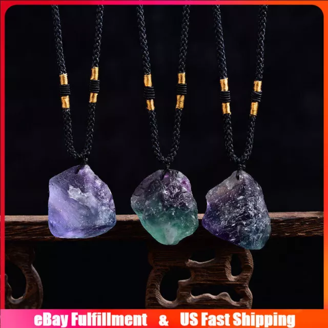 Natural Rainbow Fluorite Quartz Crystal Pendant Raw Rough Stone Necklace Healing