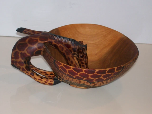 AFRICAN GIRAFFE BOWL: Vintage, Carved Wood, Painted Traditional  Designed Sides.