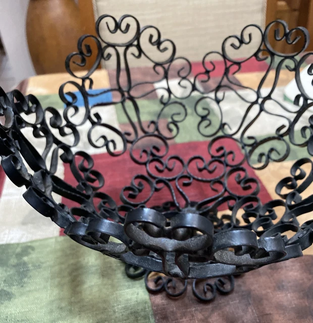 Vintage Wrought Iron Scroll Design Black Metal Fruit Bowl Footed Basket