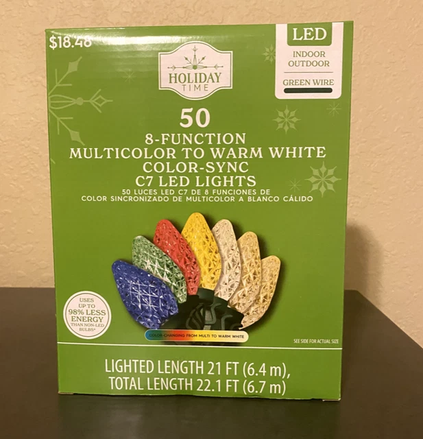 HOLIDAY TIME 50 8 - FUNCTION MULTI COLOR TO WARM WHITE C7 LED LIGHTS 21 Ft, NEW