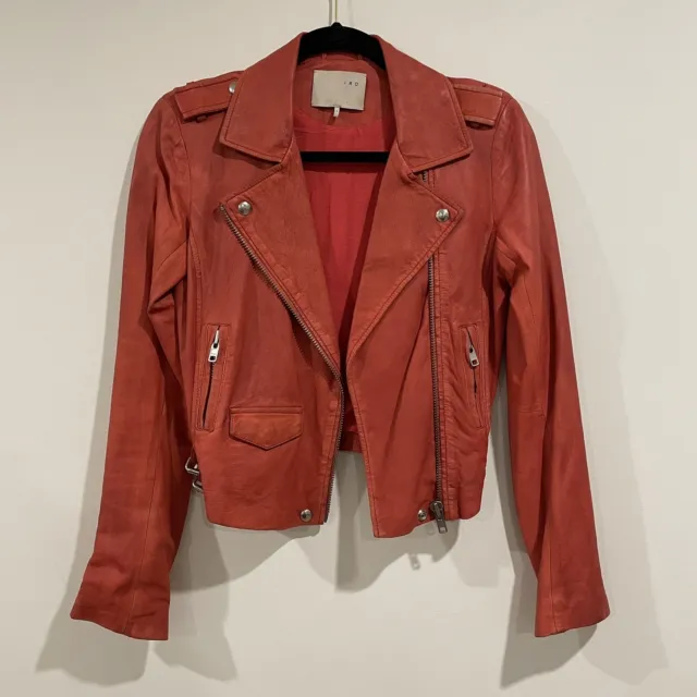 IRO Paris 100% leather Ashville long sleeve biker jacket size 1 red coral orange